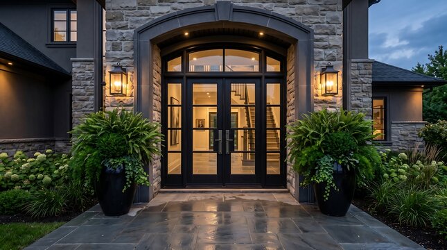 Grand arched entryway of a luxury estate with black glass double doors and stone facade front door house exterior