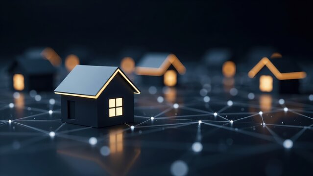 Miniature houses connected by glowing data network lines on a dark surface. Smart home and modern real estate connectivity technology concept.