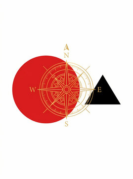 Minimalist graphic design featuring a golden compass rose with a red circle and black triangle.