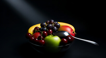 Fototapeta premium Fresh colorful fruit bowl with spoon on a dark background