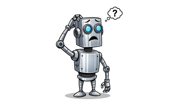 A confused cartoon robot scratching its head with a question mark above it.