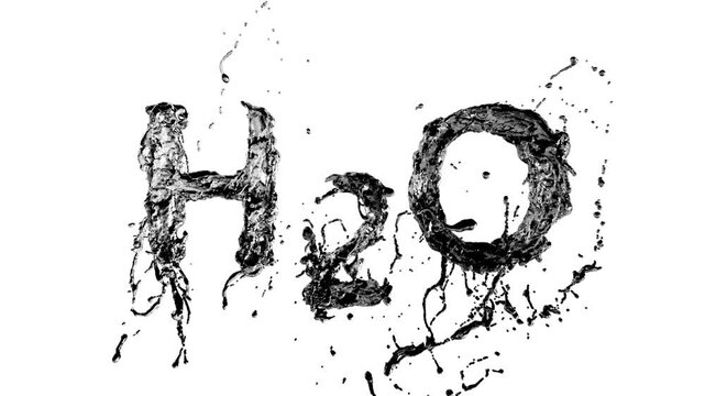 Black H20 text made from liquid water splashing and twirling, against white