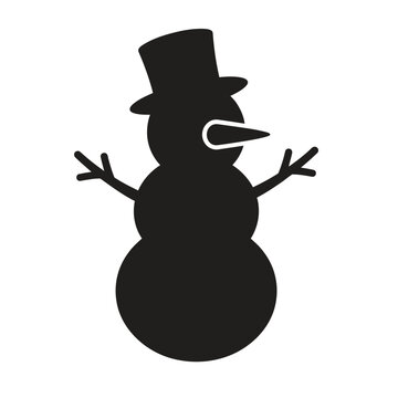 A single cheerful snowman silhouette with hat, carrot-shaped nose and stick arms, solid black vector shape, centered on white background, 