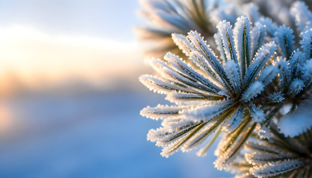 Close Up Frost Covered Pine Tree Needles in Winter Sunlight
