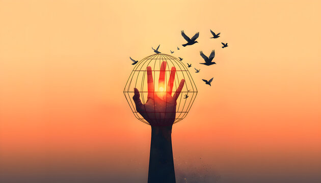 Hand Reaching Out of Wire Cage to Release Birds in Sunset Sky