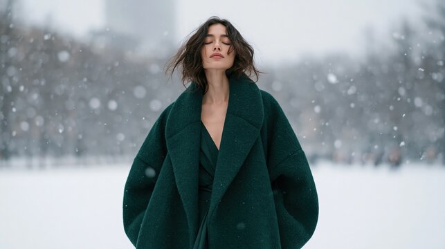 Elegant woman in an oversized green coat standing in falling snow for winter fashion portrait background and seasonal editorial