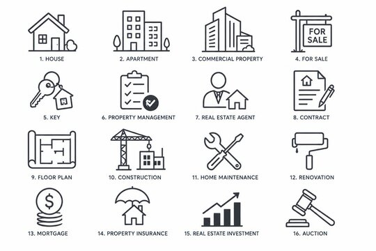 Set of black business and real estate line icons on white background