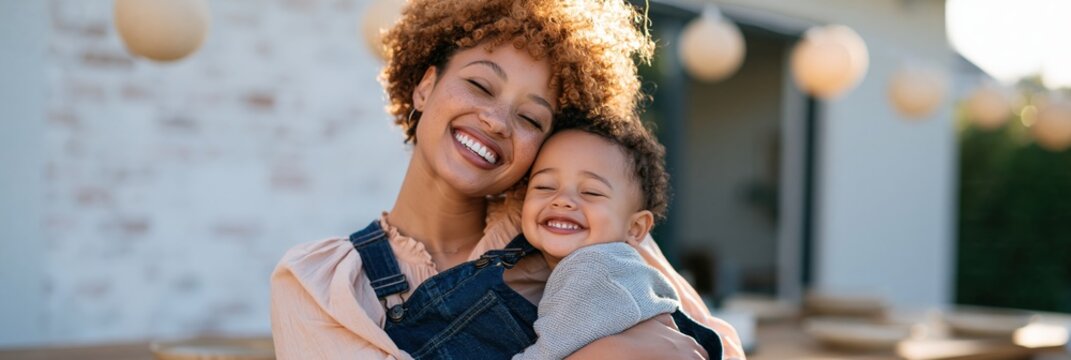 Joyful outdoor panoramic portrait of a happy mother hugging her laughing child for family lifestyle banner and warm background use in parenting design