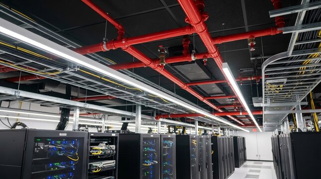 Vibrant red fire suppression pipes and white ceiling lights in a modern data center interior