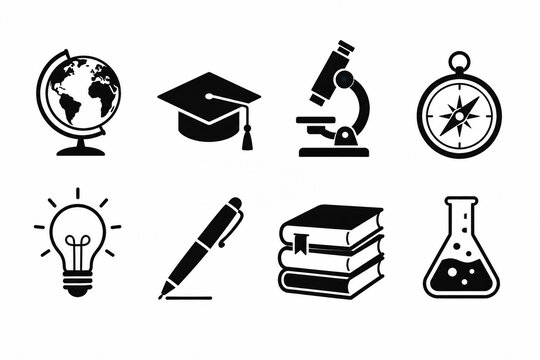 Black and white pixel art set of school and science education icons