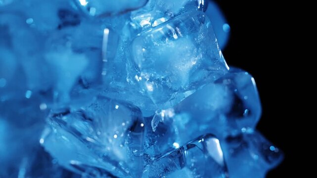 Blue ice cubes slowly rotating and pulling back at the end for cooling drink visuals, refreshment concepts and abstract backgrounds