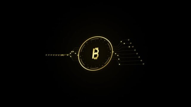 Golden bitcoin cryptocurrency symbol with digital circuitry animation on black background blockchain