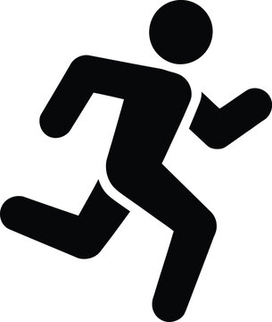Black stick figure of a person running, depicted in a dynamic motion pose, isolated on a white background, for use in, signage, sports, or, fitness related projects