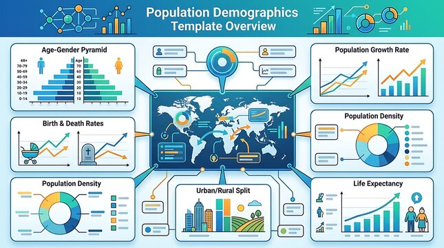 Population demographics infographic template with data charts