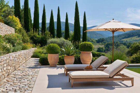 Luxury patio with lounge chairs and mountain view