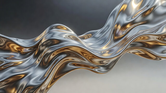 Abstract liquid metal wave, fluid mercury and gold texture, rippling chrome background, undulating chrome sheet, shiny liquid surface, smooth gradient backdrop, modern futuristic motion blur