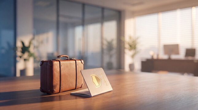 A small brown leather suitcase and an open passport on a wooden office desk surface with inside office interior rest wooden table identification international professional