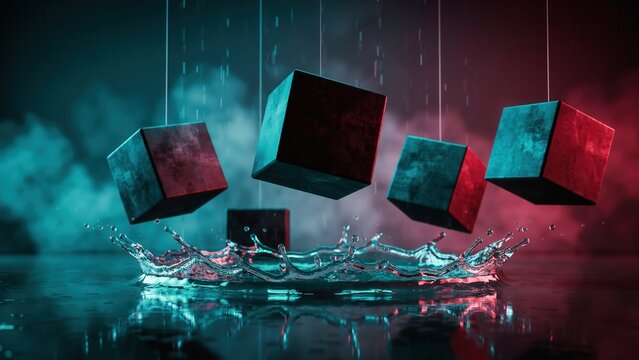 Suspended cubes create a water splash with dramatic blue and red neon lighting. Abstract concept for modern technology and dynamic motion design.