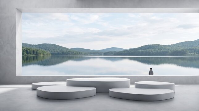 Minimalist architectural interior featuring grey concrete circular podiums for product display, large rectangular window framing serene lake landscape with green mountains