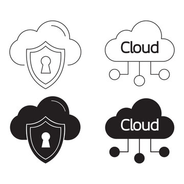 Cloud storage security shield and cloud network connection icon set