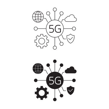 5G network hub technology ecosystem with cloud security icon set