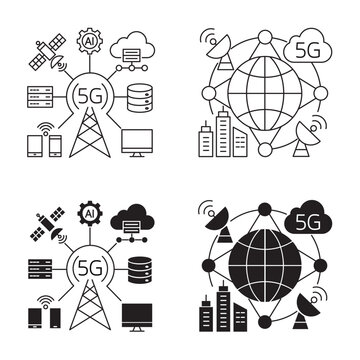 5G global telecommunication network and smart technology icon set