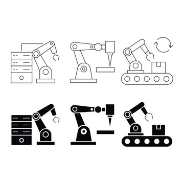 Industrial robot arm factory automation and conveyor belt icon set
