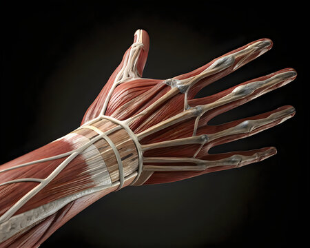 Anatomical illustration of a human hand's skeletal and muscular structure from the wrist
