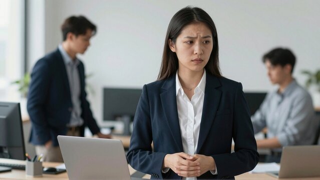 Worried businesswoman standing apart from colleagues in a modern open plan office
