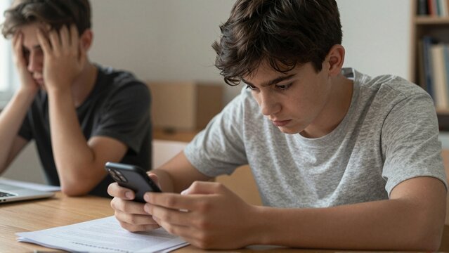 Distracted teenage student uses smartphone while classmate struggles with schoolwork at home