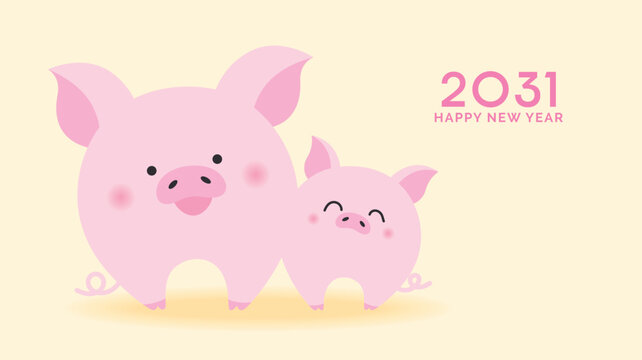 Cute family of zodiac pigs celebrating Lunar New Year 2031.