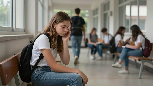 Lonely teenage student sitting apart from classmates in a school hallway during break