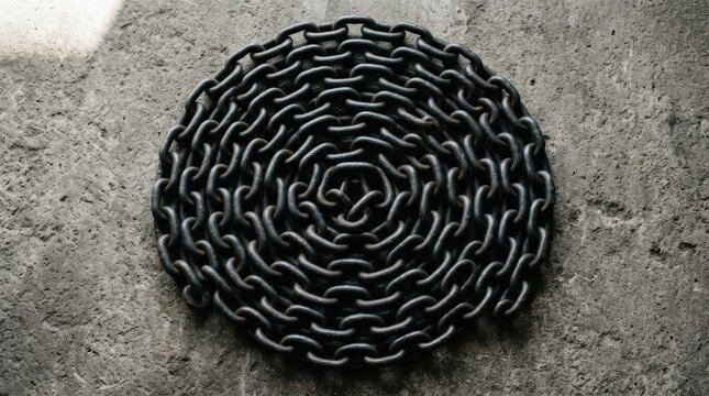 Black heavy metal chain neatly coiled in a tight circular spiral pattern on a textured grey concrete floor background high angle view
