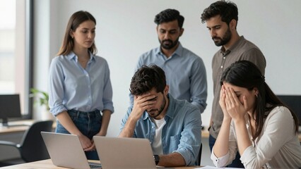 Fototapeta premium Stressed office colleagues confront a difficult setback during a tense team meeting