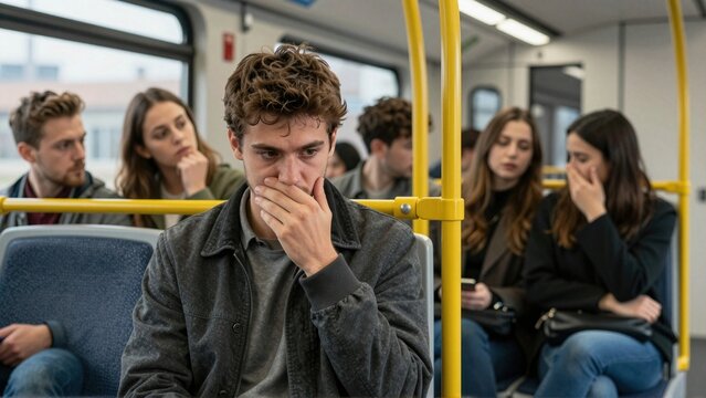 Worried young man covering mouth among passengers on crowded city bus with yellow handrails
