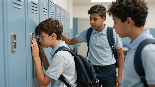 Schoolboys intimidate a worried classmate beside blue lockers in a school hallway