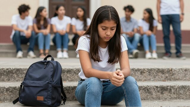 Isolated teenage student sitting alone outside school as classmates gather behind her
