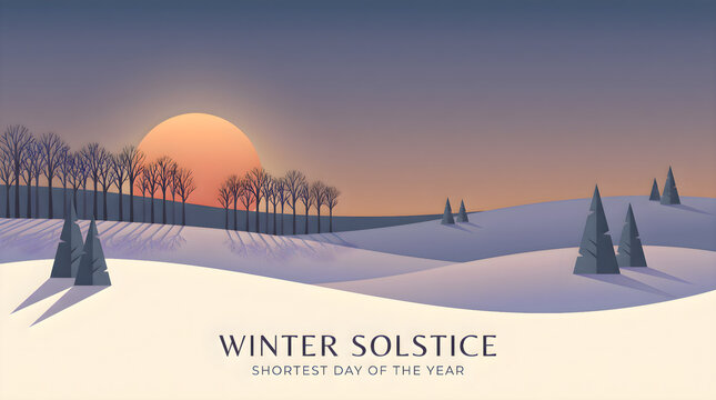 Winter Solstice Landscape Vector Illustration with Sunrise and Snow