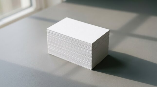 Blank white business card stack mockup on a neutral grey table with soft natural window light casting elegant shadows for professional corporate