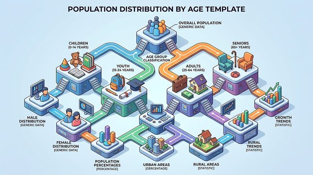 Isometric demographics flowchart showing age group classifications