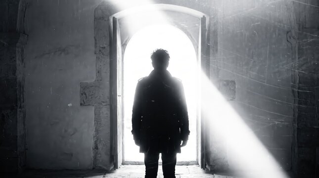 Mysterious silhouette of a man standing in an ancient stone archway doorway, facing bright white light beam entering dark room, symbolizing hope, future, spiritual journey