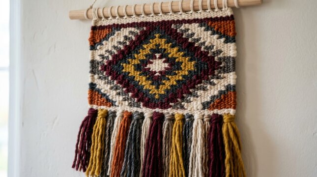 Boho chic woven wall hanging textile tapestry featuring geometric patterns and colorful yarn fringe suspended gracefully on wooden rod inside home
