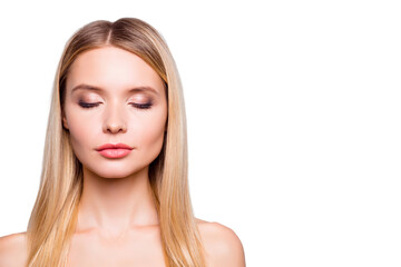 Obraz premium Close up portrait of beautiful ideal clean pure flawless skin on woman's face, with elegant nude make up, isolated on grey background, copyspace