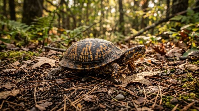 Box turtle slowly walking across the forest floor surrounded by autumn leaves and pine needles illuminated by warm golden hour sunlight in nature
