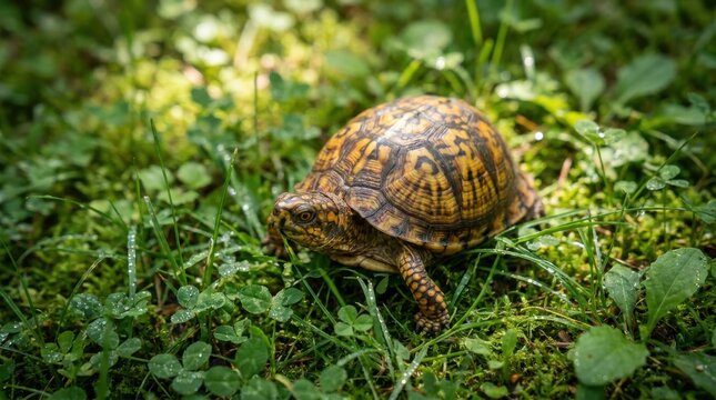 Box turtle slowly crawling across vibrant green grass and clover in a sunlit backyard garden surrounded by lush foliage and morning dewdrops