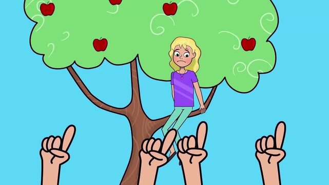 2D animation of a girl sitting on an apple tree branch with multiple hand icons pointing upward outdoors concept