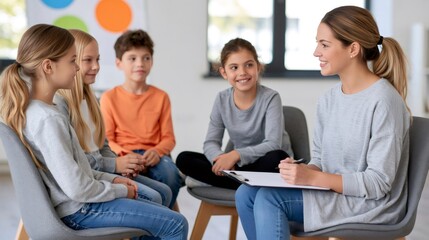 Fototapeta premium Teacher leading children discussion in group therapy session