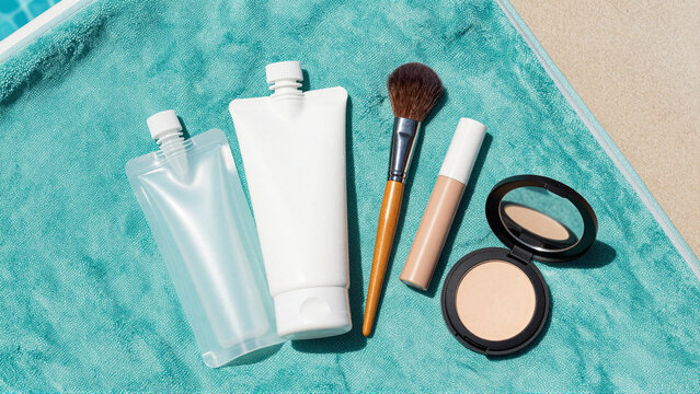Summer beauty and skincare essentials arranged on turquoise towel beside swimming pool
