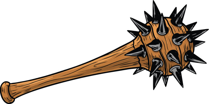 Weapon medieval mace with wooden handle and spiked metal head isolated on transparent background for historical fantasy combat.