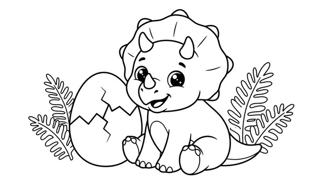 Cute baby dinosaur hatching from an egg with ferns
